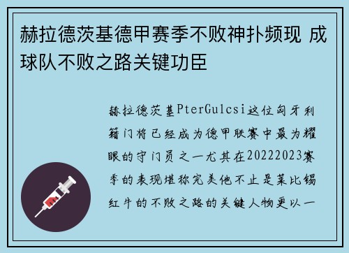 赫拉德茨基德甲赛季不败神扑频现 成球队不败之路关键功臣 赫拉德茨基德甲赛季不败神扑频现 成球队不败之路关键功臣