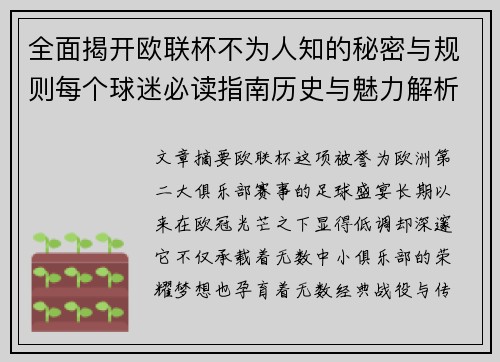 全面揭开欧联杯不为人知的秘密与规则每个球迷必读指南历史与魅力解析